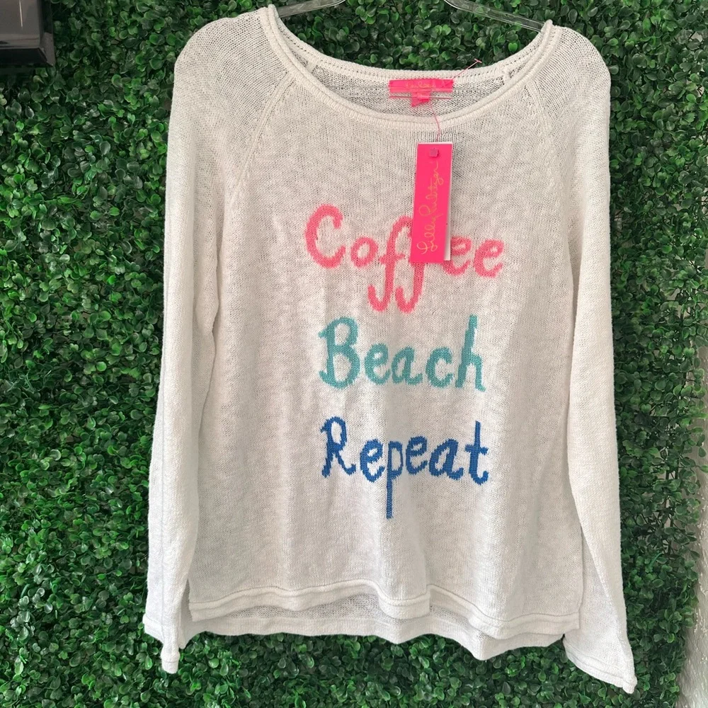 NWT Lilly Pulitzer White Sweater with Coffee Beach Repeat - Picture 2 of 5